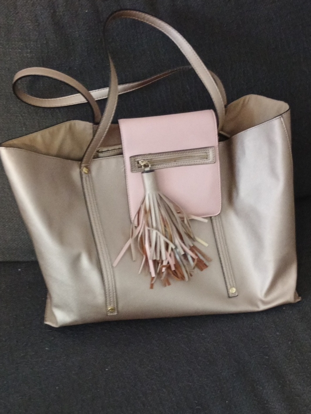 Kate Landry Metallic Taupe Tote with Pink Flap and Tassel